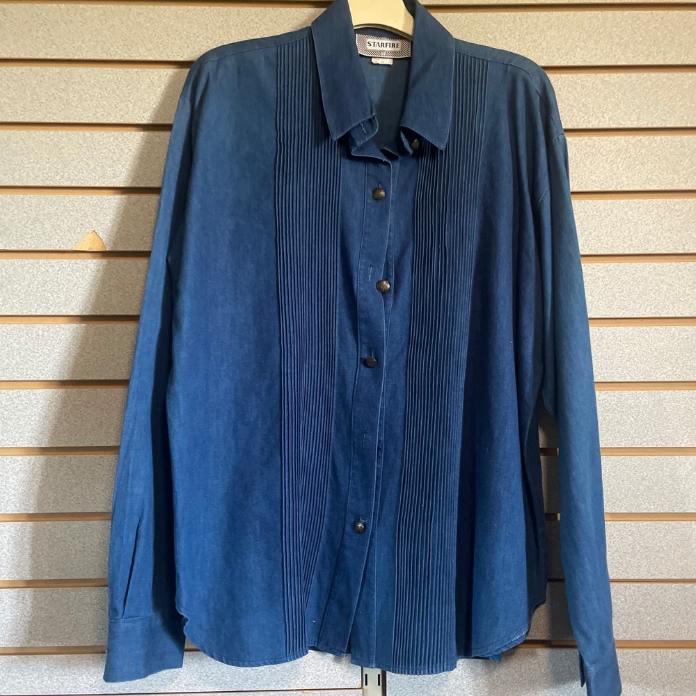 Starfire Pleated Denim Shirt Long Sleeve Button‎ Down Top Blouse Size 14 Vintage
